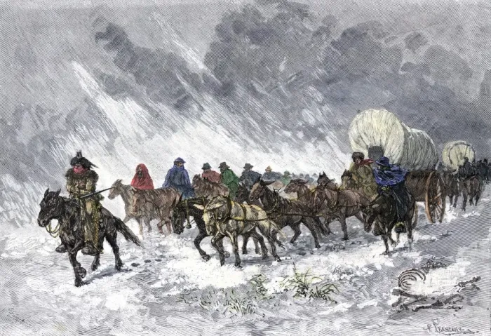 Framed Print : Wagon train in a snowstorm on the Great Plains Framed Print : Wagon train in a snowstorm on the Great Plains