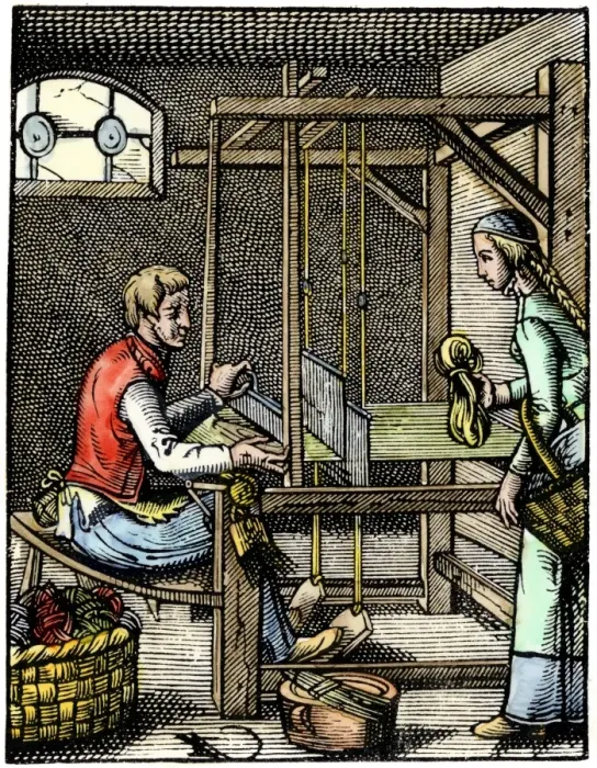 Framed Print : Weaver at his loom in Europe, 1600s