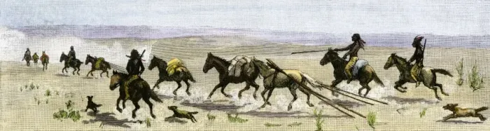 Framed Print : Western Plains Indians using the travois to move across the Great Plains Framed Print : Western Plains Indians using the travois to move across the Great Plains
