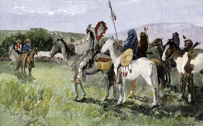 Framed Print : White settlers having a parley with Cheyennes Framed Print : White settlers having a parley with Cheyennes