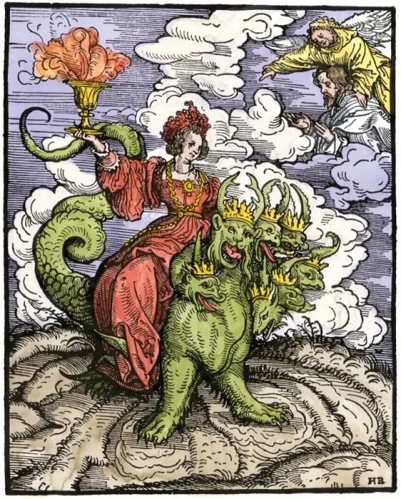 Framed Print : Whore of Babylon riding the seven-headed dragon Framed Print : Whore of Babylon riding the seven-headed dragon