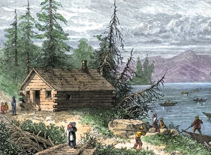 Framed Print : Wilderness log cabin of pioneers who travel by river Framed Print : Wilderness log cabin of pioneers who travel by river