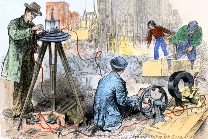 Framed Print : Wiring New York City for electricity, 1880s Framed Print : Wiring New York City for electricity, 1880s