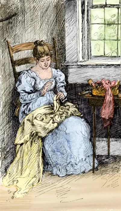 Framed Print : Women sewing at home by light from a window Framed Print : Women sewing at home by light from a window