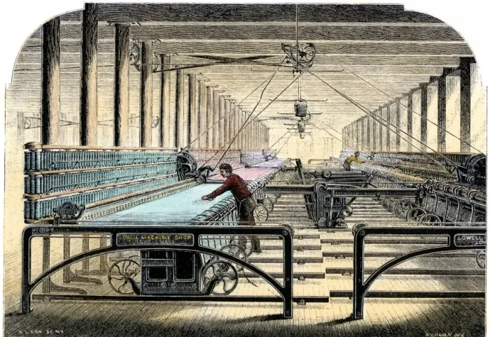 Framed Print : MIll worker tending mule-spinners
