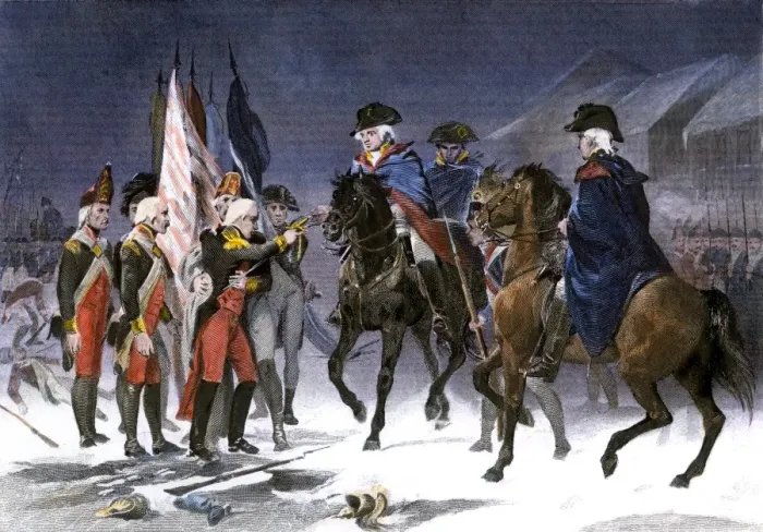 Framed Print : Wounded Hessian Colonel Rahl surrenders Trenton to George Washington Framed Print : Wounded Hessian Colonel Rahl surrenders Trenton to George Washington