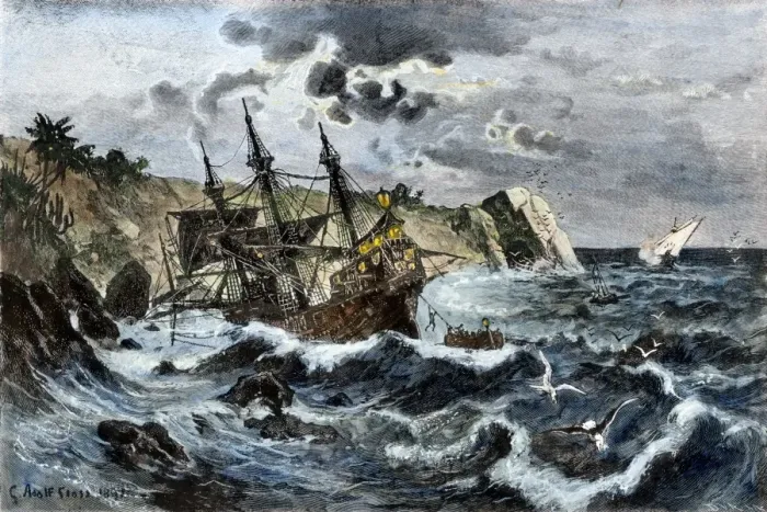 Framed Print : Wreck of Columbuss flagship Santa Maria on the coast of Hispaniola