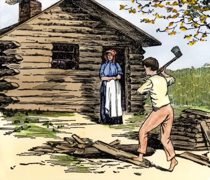 Framed Print : Young Abe Lincoln cutting wood for his mother at their Indiana log cabin