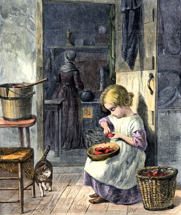 Framed Print : Young girl peeling apples for her mother Framed Print : Young girl peeling apples for her mother
