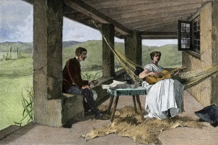 Framed Print : Young Hispanic couple at their ranch, 1800s Framed Print : Young Hispanic couple at their ranch, 1800s