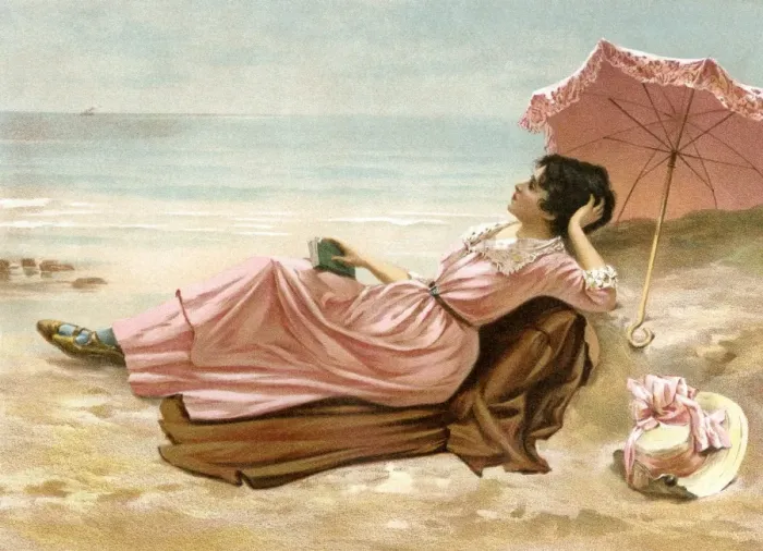 Framed Print : Young woman relaxing on the beach, 1890s Framed Print : Young woman relaxing on the beach, 1890s