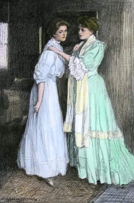 Framed Print : Two young women talking, about 1900 Framed Print : Two young women talking, about 1900