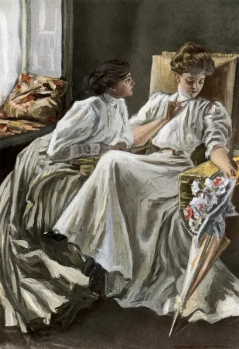 Framed Print : Young women talking, early 1900s Framed Print : Young women talking, early 1900s