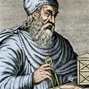 Archimedes using calipers to plan raising water with the Archimedean screw in Archimedes using calipers to plan raising water with the Archimedean screw in