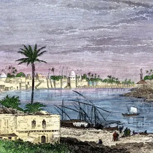 Baghdad Print: Hand-colored Woodcut of the Tigris River Baghdad Print: Hand-colored Woodcut of the Tigris River