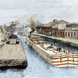 Barges towed by steam power on the Erie Canal