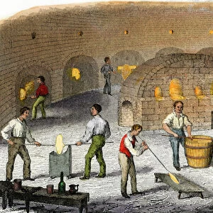 Blowing glass in a British factory, 1800s