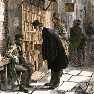 Bookstall on a city street, 1800s