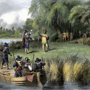 Boston colonists greeted by Native Americans, 1635