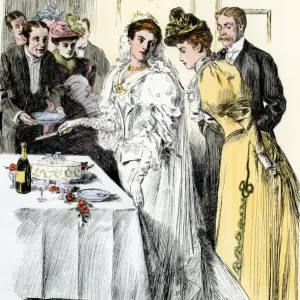 Hand-colored woodcut Print of a Bride cutting the wedding cake Hand-colored woodcut Print of a Bride cutting the wedding cake