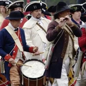 British fife and drum corps takes the field in a reenactment of the surrender British fife and drum corps takes the field in a reenactment of the surrender