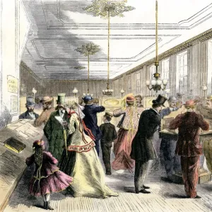 Busy telegraph office in New York City, 1860s