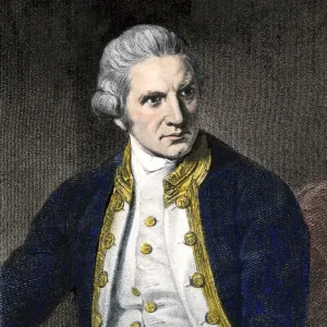 Captain James Cook. Hand-colored woodcut of a painting