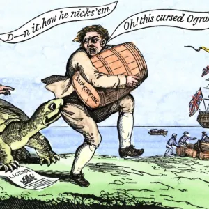 Cartoon protesting Jeffersons trade embargo, 1807