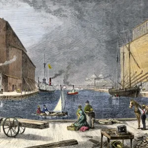 Chicago grain elevators loading ships, 1870s