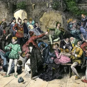 Hand-colored Woodcut Print of Old English Manor Christmas Merriment Hand-colored Woodcut Print of Old English Manor Christmas Merriment