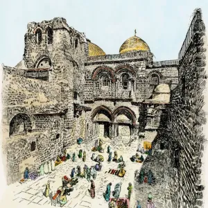 Hand-colored Woodcut Print of the Church of the Holy Sepulcher Hand-colored Woodcut Print of the Church of the Holy Sepulcher