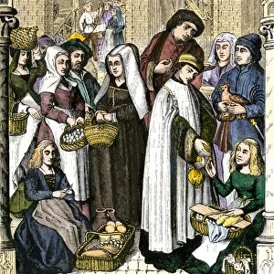 Clergy collecting tax from medieval merchants