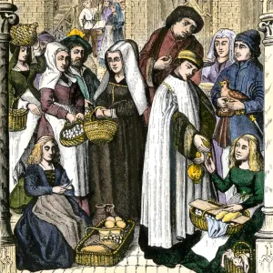 Clergy collecting tax from medieval merchants