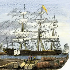 Clipper ship loading supplies for the California gold fields