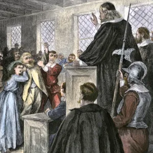 Colonial courtroom in Puritan Massachusetts, 1600s