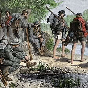Confederates fording a river in the Civil War