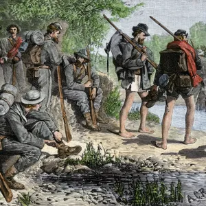 Confederates fording a river in the Civil War