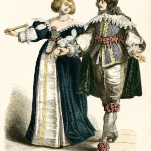 17th Century Fashionable Couple Hand-Colored Print 17th Century Fashionable Couple Hand-Colored Print