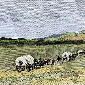 Covered wagons on the Oregon Trail in western Nebraska