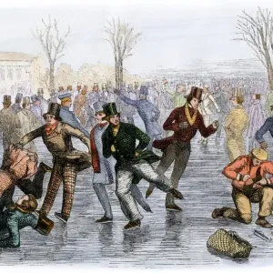 A Hand-colored Woodcut Print of a Boston Skating Scene A Hand-colored Woodcut Print of a Boston Skating Scene