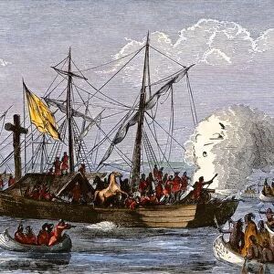 DeSoto expedition retreating down the Mississippi, 1542