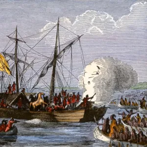 DeSoto expedition retreating down the Mississippi, 1542