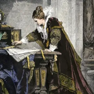 Elizabeth I signing the death warrant to execute Mary