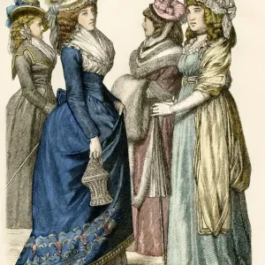 Hand-colored engraving print of European ladies in 1790s attire Hand-colored engraving print of European ladies in 1790s attire