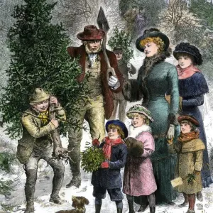 Christmas Tree and Mistletoe Print, 1880s Woodcut Christmas Tree and Mistletoe Print, 1880s Woodcut