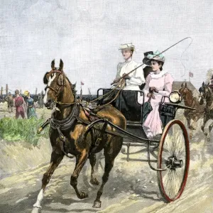 Woodcut Print of Young Women Driving a Carriage on the Beach Woodcut Print of Young Women Driving a Carriage on the Beach