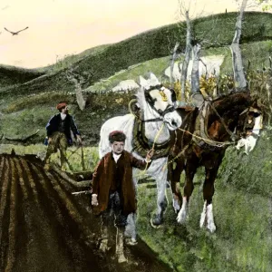 Father and son plowing a field