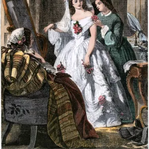 Final touches to the brides wedding gown, 1850s