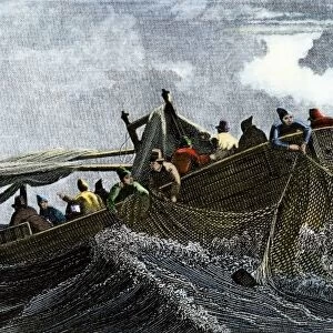 Fishermen using nets, 1800s