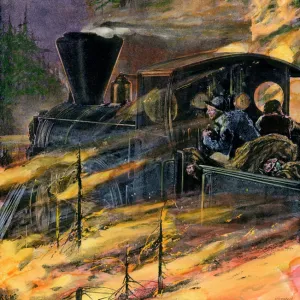 Forest fire engulfing a steam locomotive, 1890s